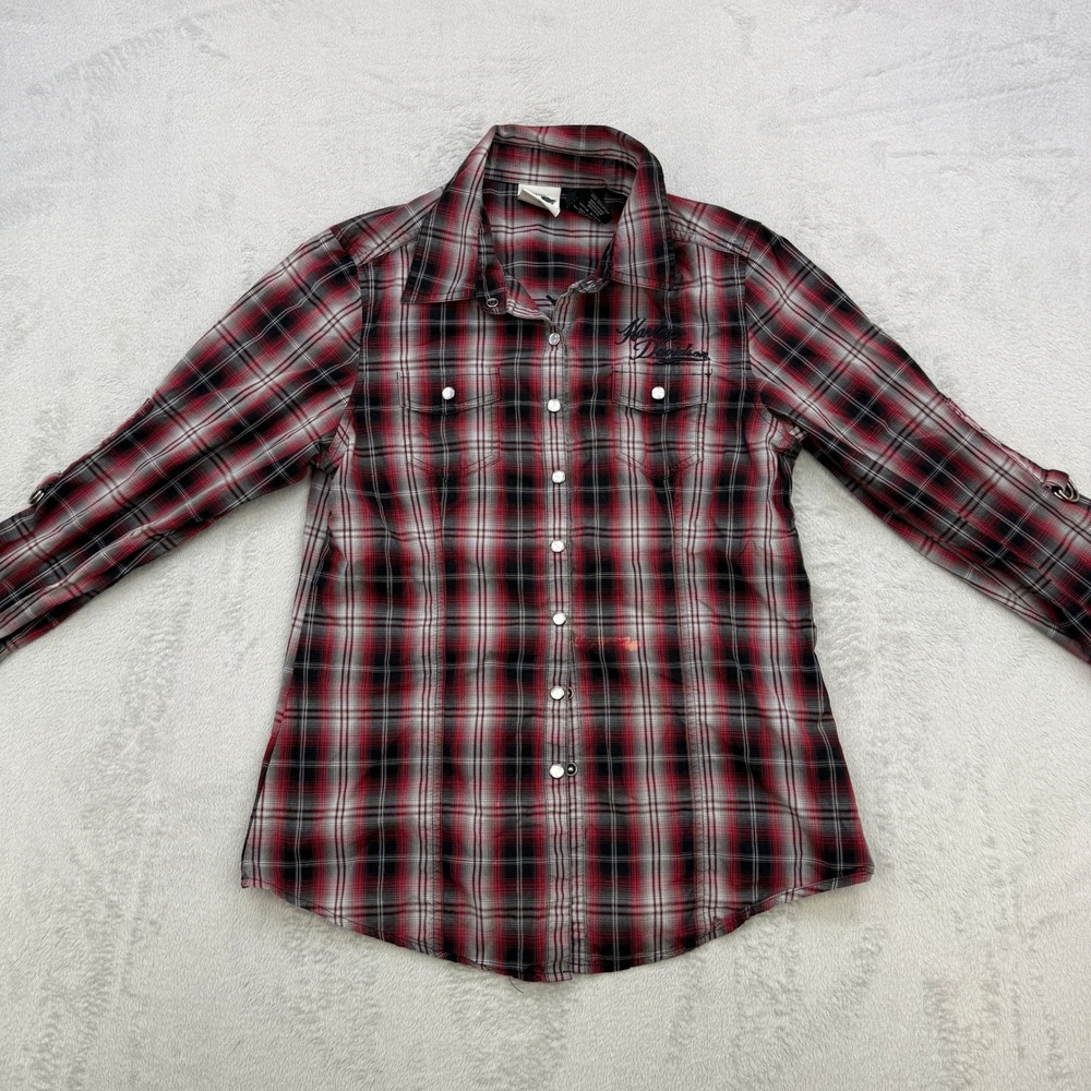 Harley Davidson Shirt Women‎ Medium Plaid Snap Button Embroidered Rhinestone